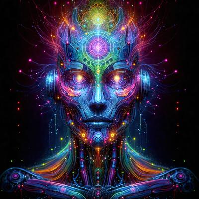The primary subject of the image is a futuristic robot with a colorful, psychedelic design. The robot is the main focus of the image, and it appears to be a digital art or illustration. The setting is a space with a backdrop of stars, which adds to the futuristic and otherworldly atmosphere. The colors and mood of the image are vibrant and energetic, with a mix of bright and neon colors that create a sense of excitement and wonder.